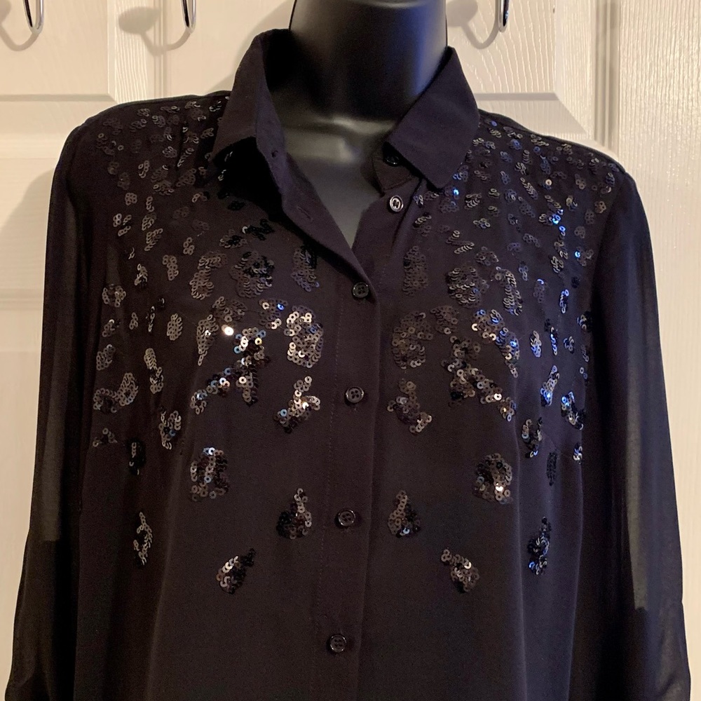 Bebe Black Sequin Collared Button-Down Blouse - image 2